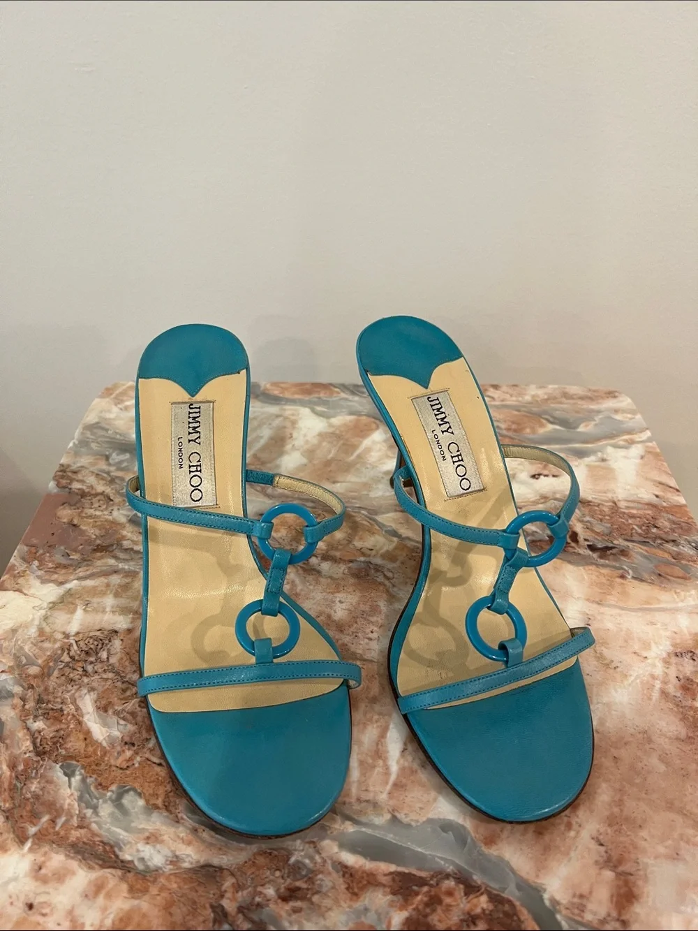 Jimmy Choo Teal Ring-Detail Leather Heeled Sandals
